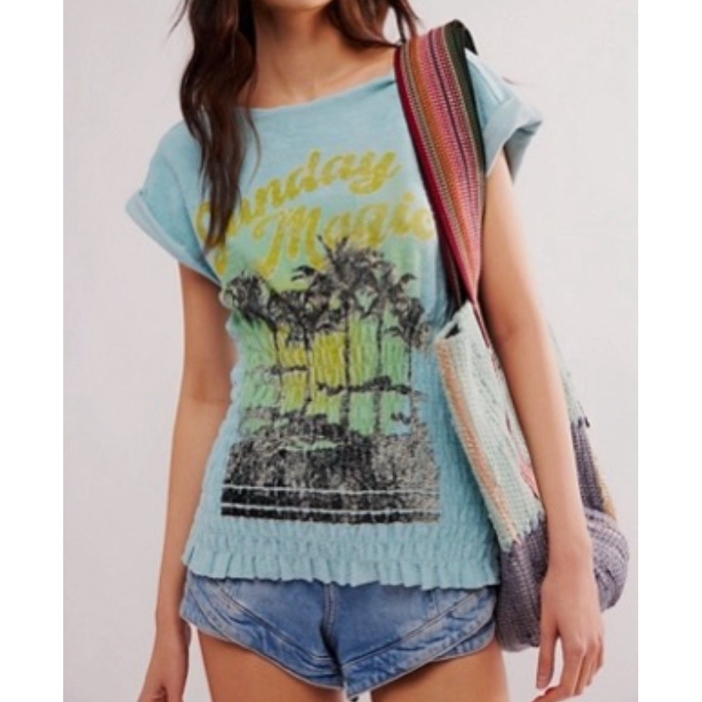 Free People Light Blue Graphic Blouse